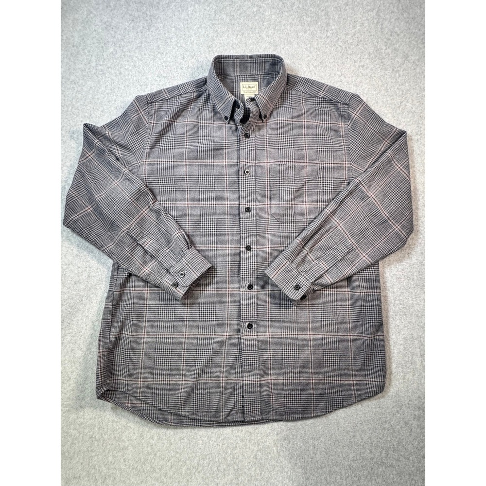 LL Bean Mens L Glen Plaid Button Down Shirt Blue Grey Cotton Traditional Fit